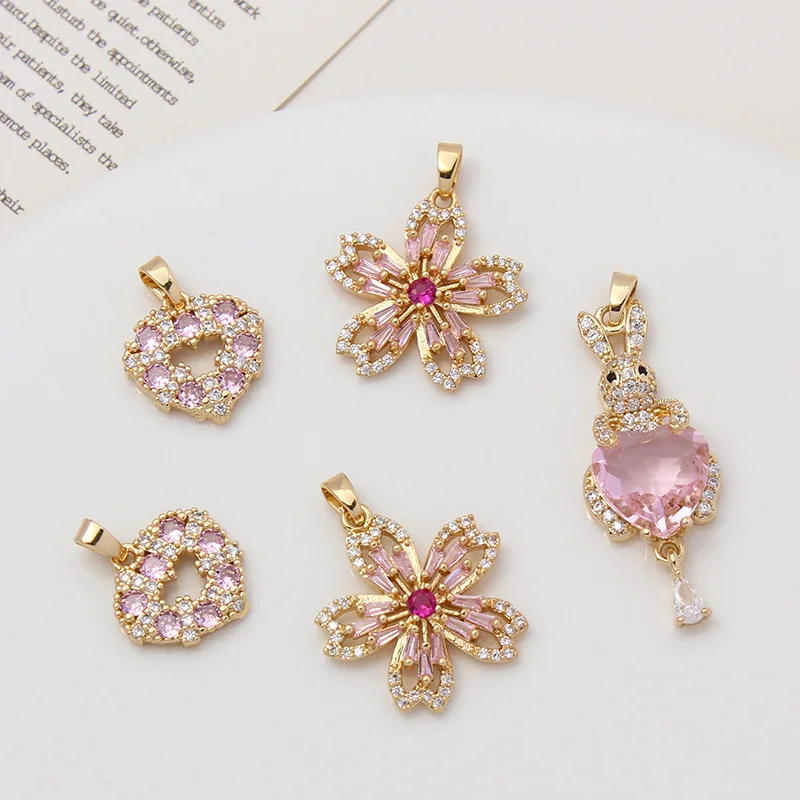 4pcs Micro-inset Zircon Pink Cherry Blossom Rabbit Cat Beauty Pendant Diy Earrings Bracelet Necklace Accessory Materials Charms