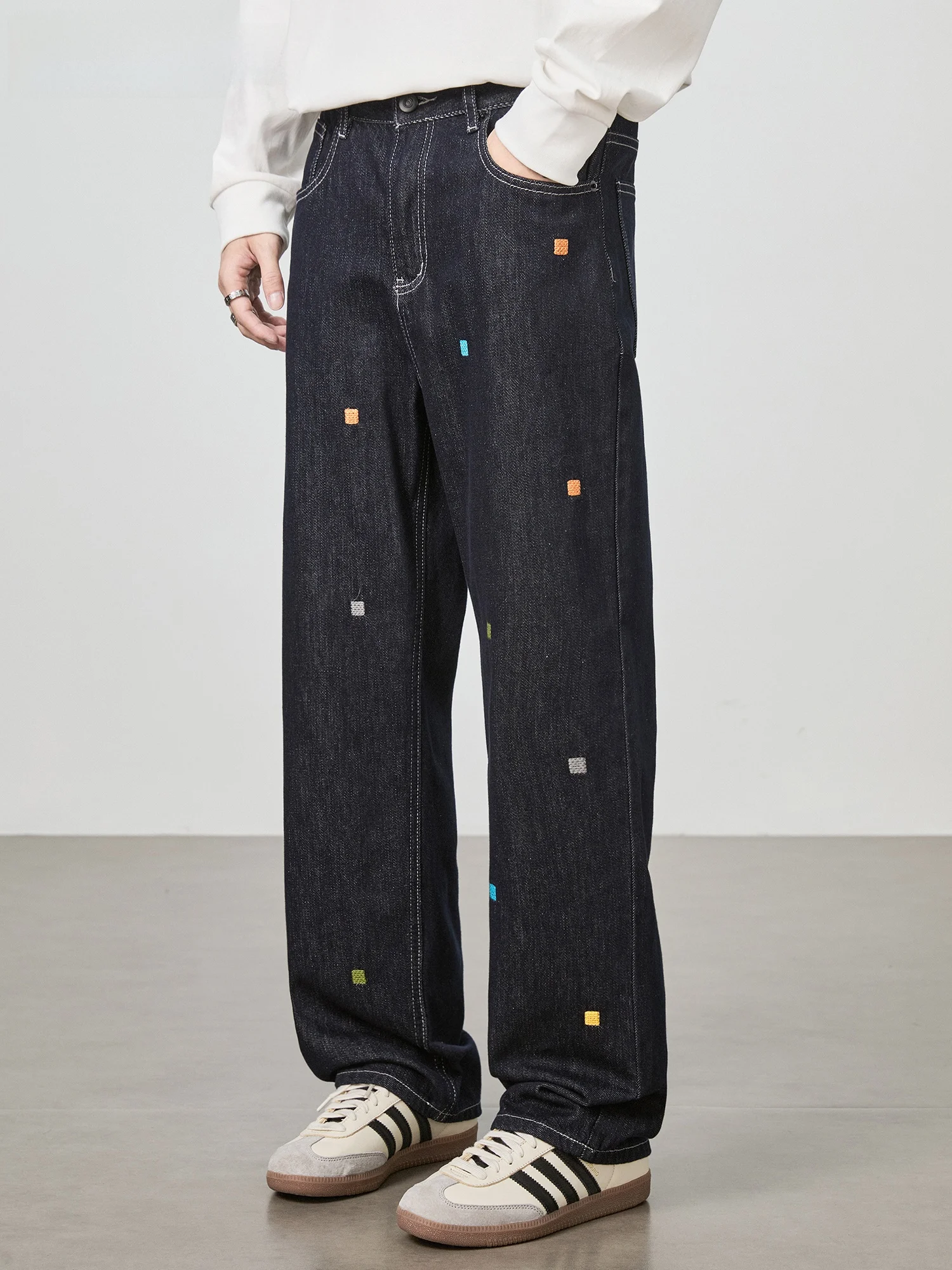 

GURBAKS Американский уличный дизайн, вышитые оригинальные цветные мужские свободные прямые джинсы, повседневные джинсы из смеси хлопка и полиэстера