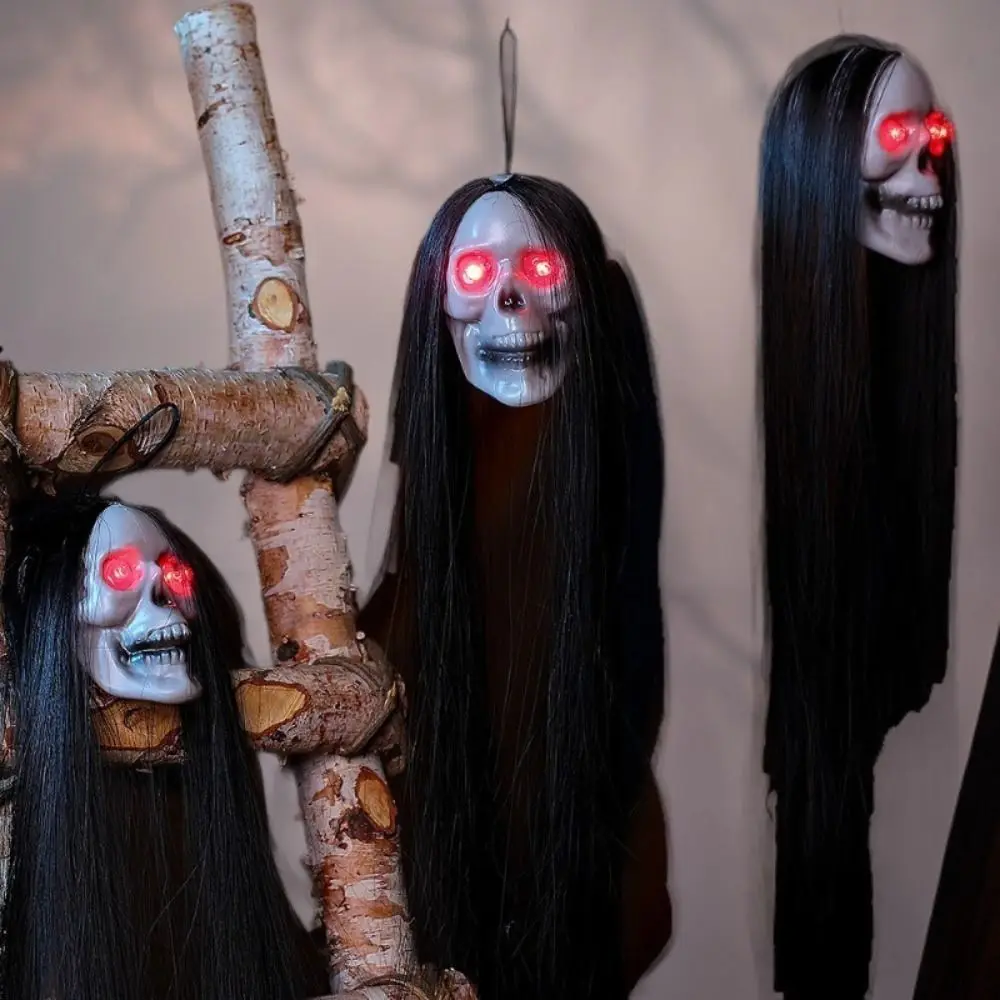 Plastic Halloween Hanging Ghost Long Hair LED Light LED Light-emitting Skeleton Red Blinking Eye Hanging Design