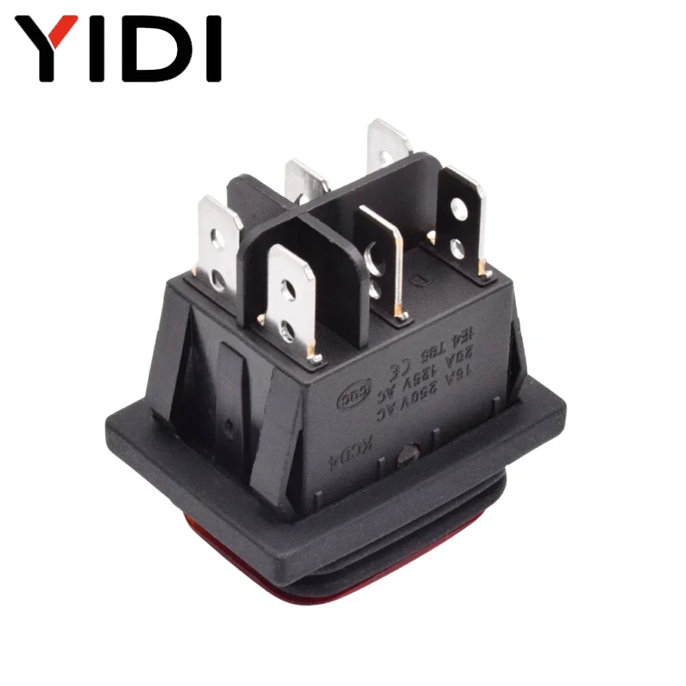 1pc KCD4-203 à prova dwaterproof água 30x22 interruptor rocker 6 pinos travamento 16a 250vac dpdt ligar/desligar 12v 220v vermelho verde led botão de luz interruptor