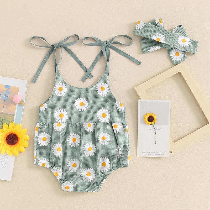 

Newborn Baby Girl Summer Clothes Floral Sleeveless Spaghetti Strap Romper Bubble Jumpsuit Shorts Waffle Knit Overall