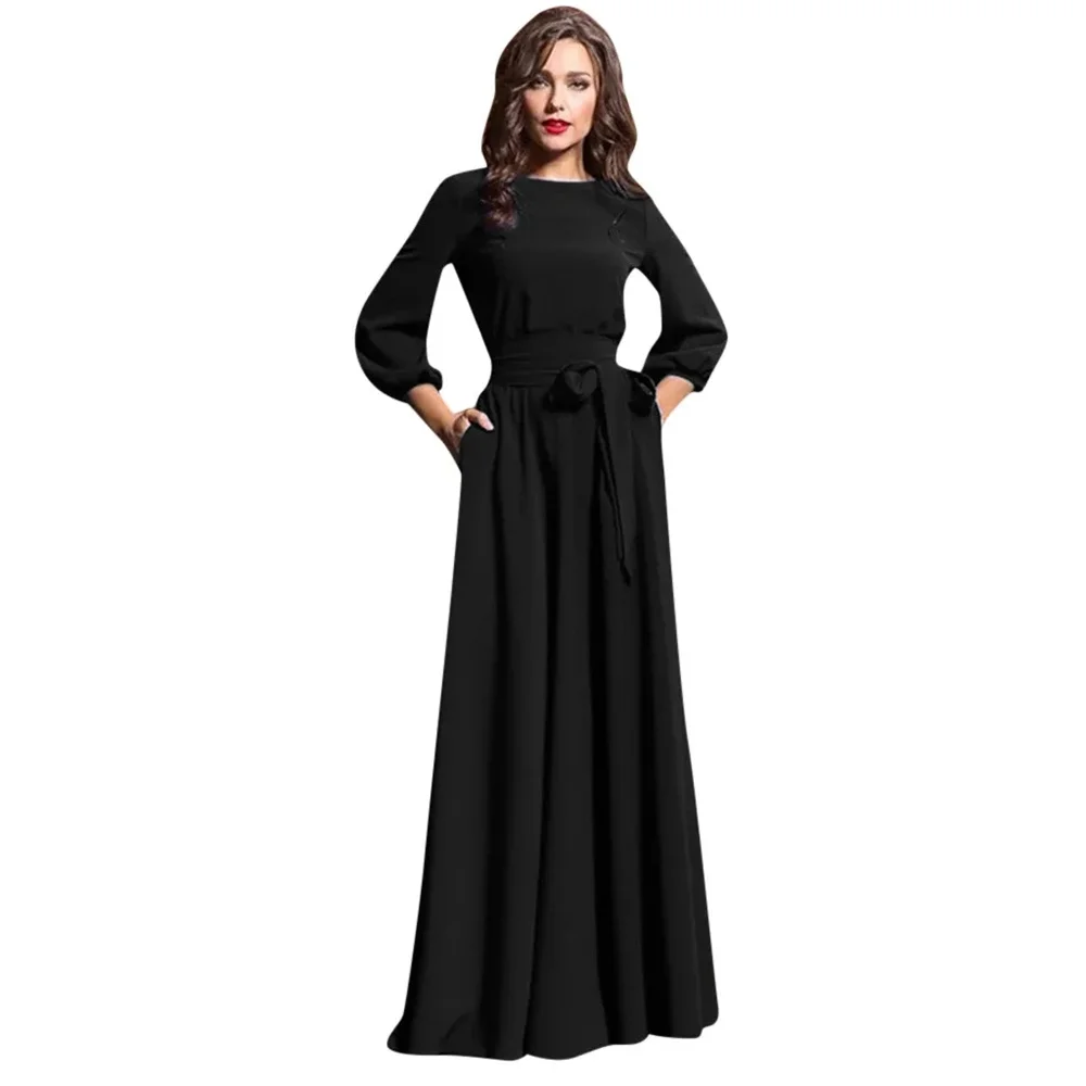 

2024 Long Sleeve Crew Neck Solid Color Long Dresses Elegant Belt Formal Party Dresses