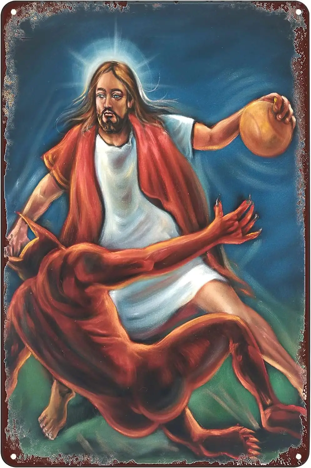 SREELEATHERS Jesus Christ vs Devil Satan in Basketball Metal Poster Tin Sign Wall Art Decor Plaque for Home Office Living R sign
