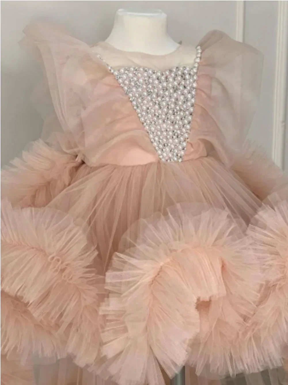 Flower Girl Dress Tulle Pearl Puffy Ruffles Princess Dress First Communion Dress Kids Birthday Gown Child Gown Detachable Train