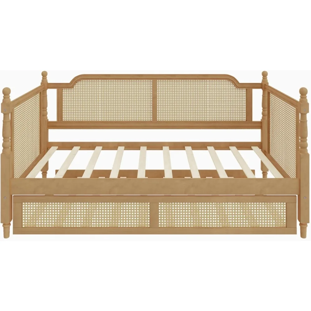 Traditional Style Rattan Twin Size Daybed, Wood Daybed with Trundle for Small Space Guestroom, No Box Spring Needed, Antique Wal image 5