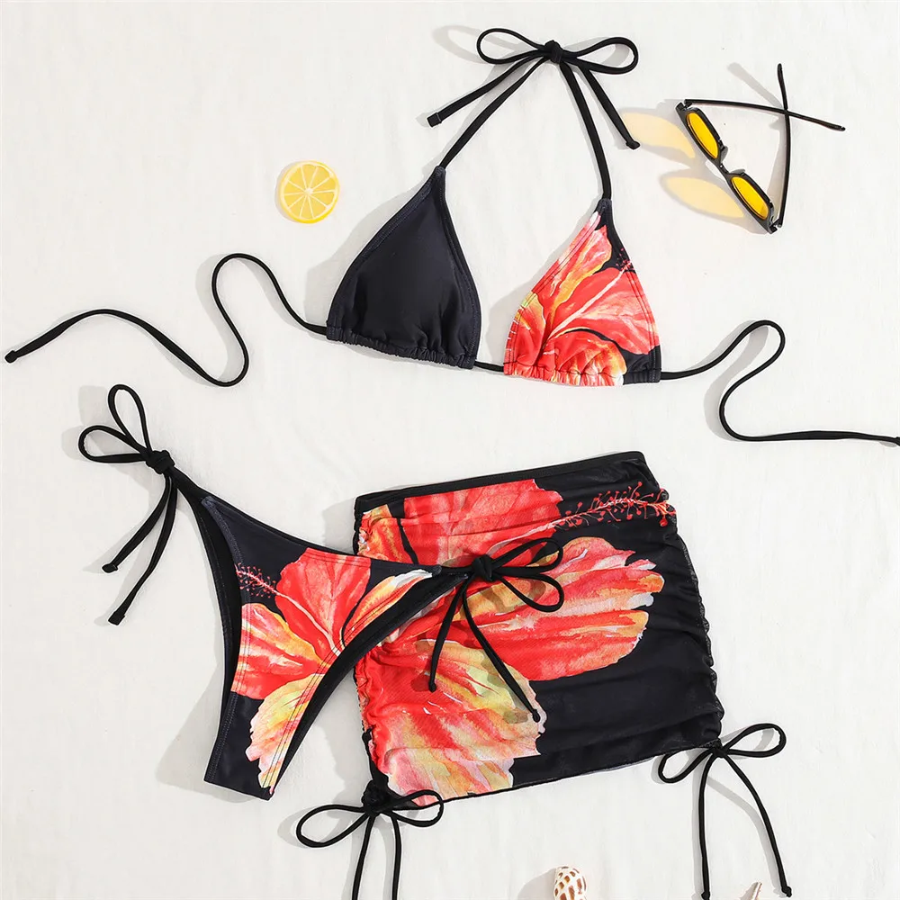 

Flower Print Halter String Micro Bikini Thong Set 3 Piece Mesh Skirts Cover Ups Swimwear Black Sexy Swimsuit Women 2026 Bikinis