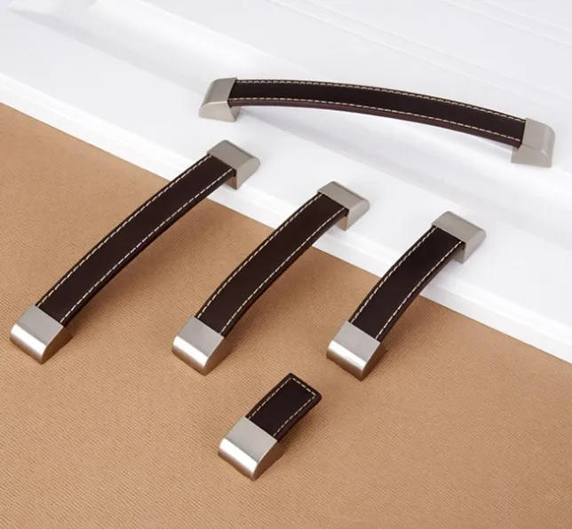JD European style Black/Brown Leather Cabinet Handles Zinc Alloy Door Pulls Drawer Knobs Modern Furniture Handle Hardware