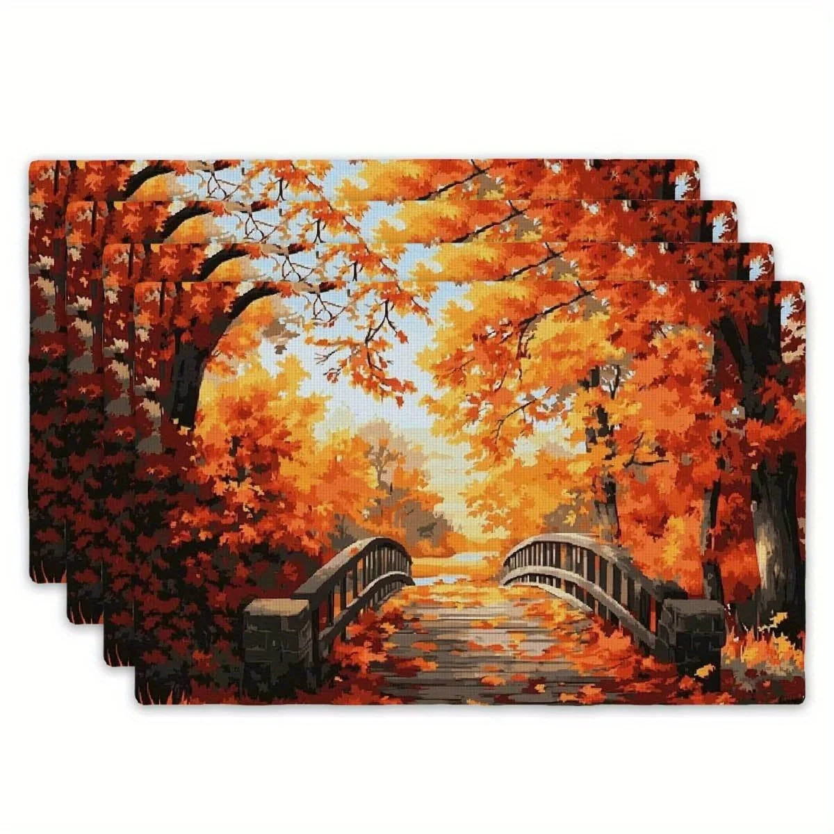 4pcs Placemats Set - Enchanting Autumn Maple Bridge Scene, Rectangular Kitchen Table Mats (12