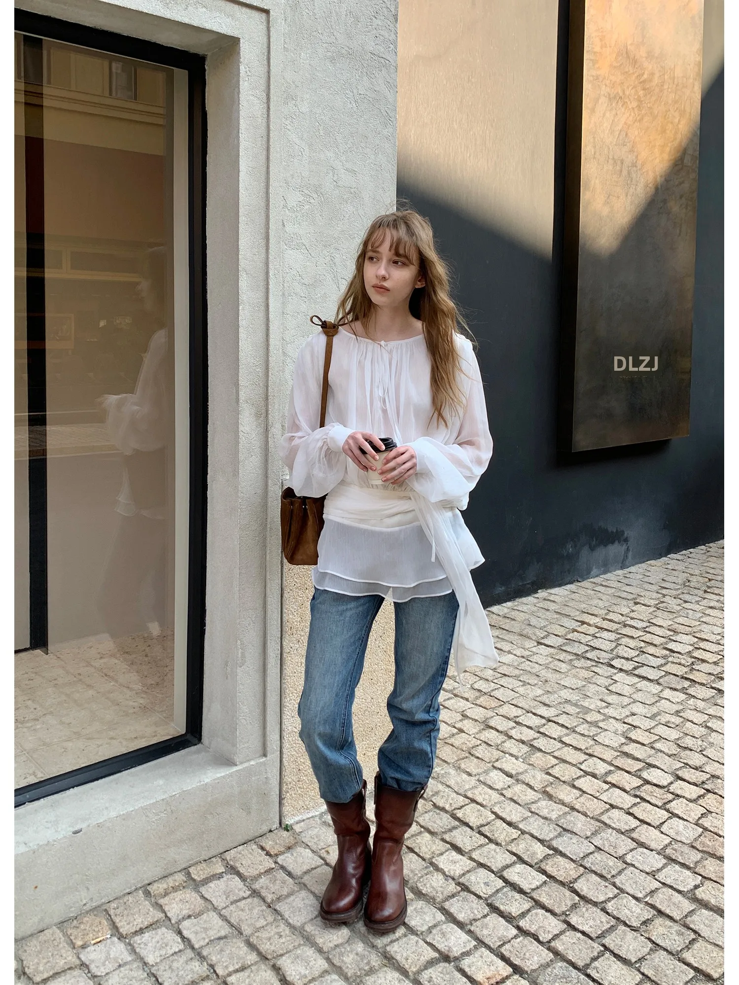 

Romantic Style Kernel Cosmos Soft Light Flowing Gown with Lace Hem Heavy Embellishment Belted Women's Long Sleeve Shirt