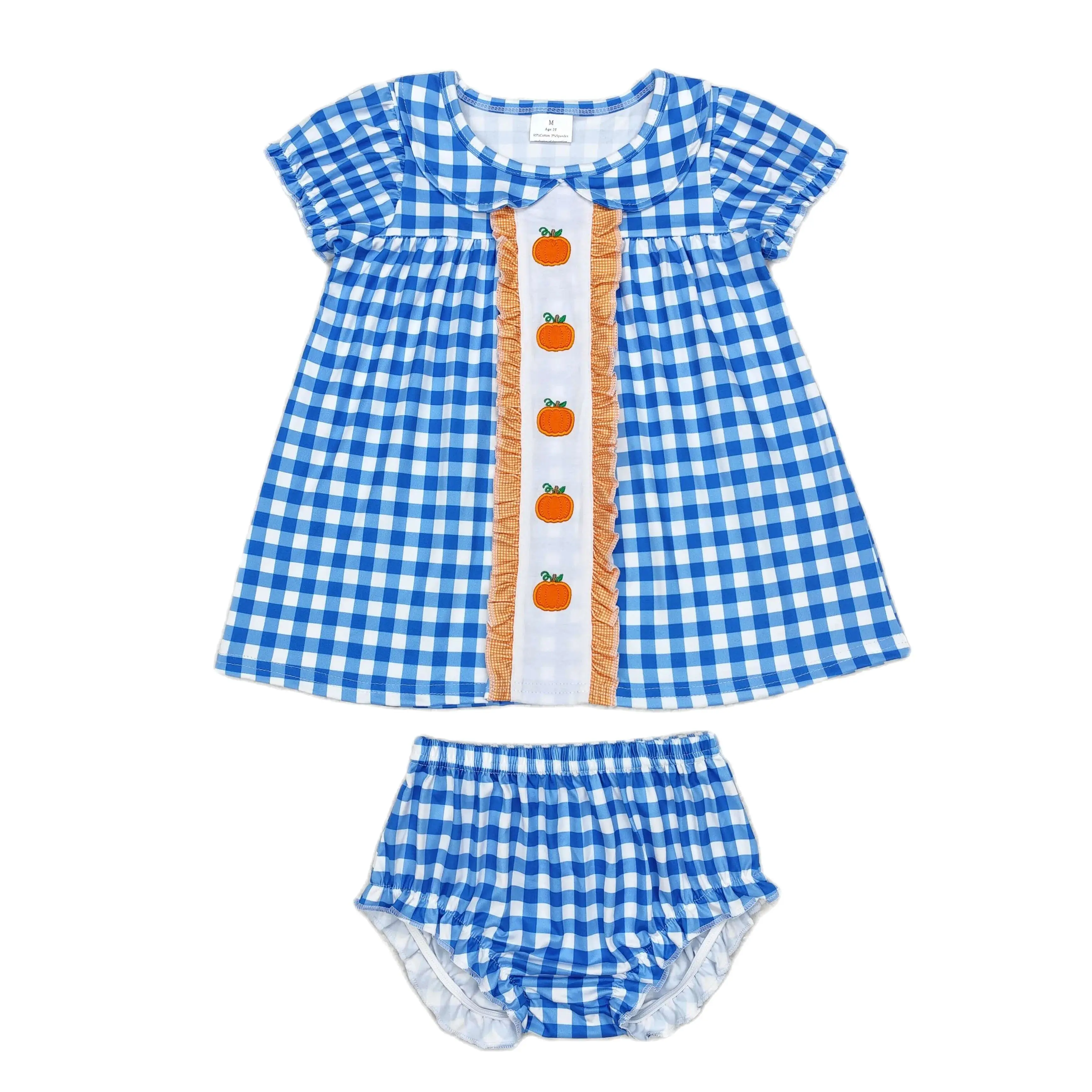 

Wholesale Baby Girl Thanksgiving Set Toddler Blue Sleeveless Pumpkin Tops Plaid Bummie Shorts Children Newborn Two Pieces Outfit