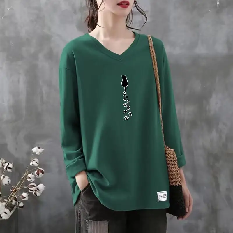 Women\'s Spring Autumn New Fashion Elegant Solid V-Neck Pullover Casual Versatile Long Sleeve Loose Medium Length T-shirt Tops