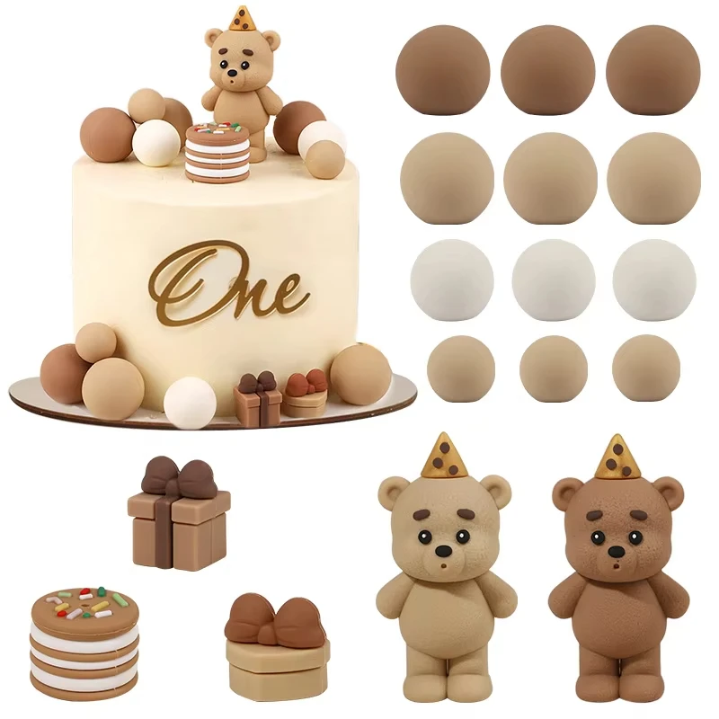 1 Stück Niedliches Bären-Kuchendekorations-Set mit Mini-Ballon Geschenkbox für Baby 1. Geburtstag Party Tortendekoration Zubehör