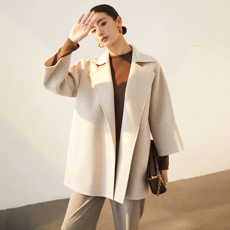 

2023 spring and autumn water ripple cashmere coat Women's M family's same slim medium and long double-sided wool coat