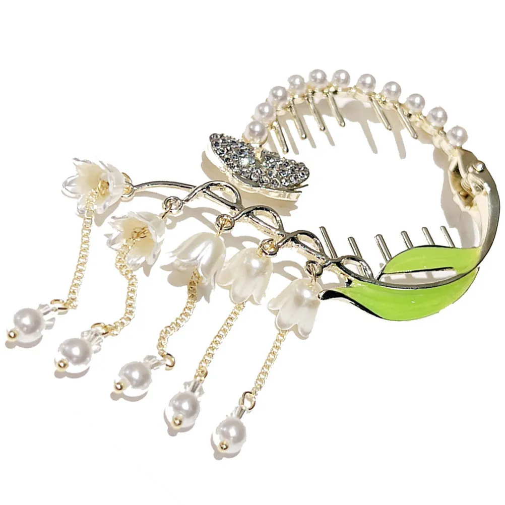 

Convallaria Flower Ponytail Cuff Alloy Metal Hair Clip Elegant Tassel Decorative Barrette for Thick Curly Hair Party Accessories