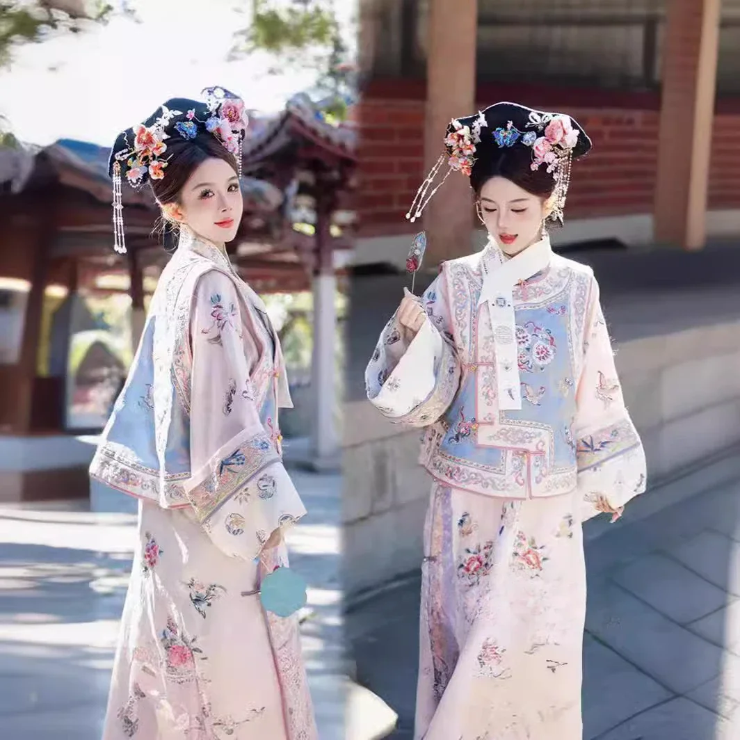 

Hanfu women's Qing Dynasty printed ancient clothing Qing Dynasty Yanji princess cheongsam court grid clothing two-piece set