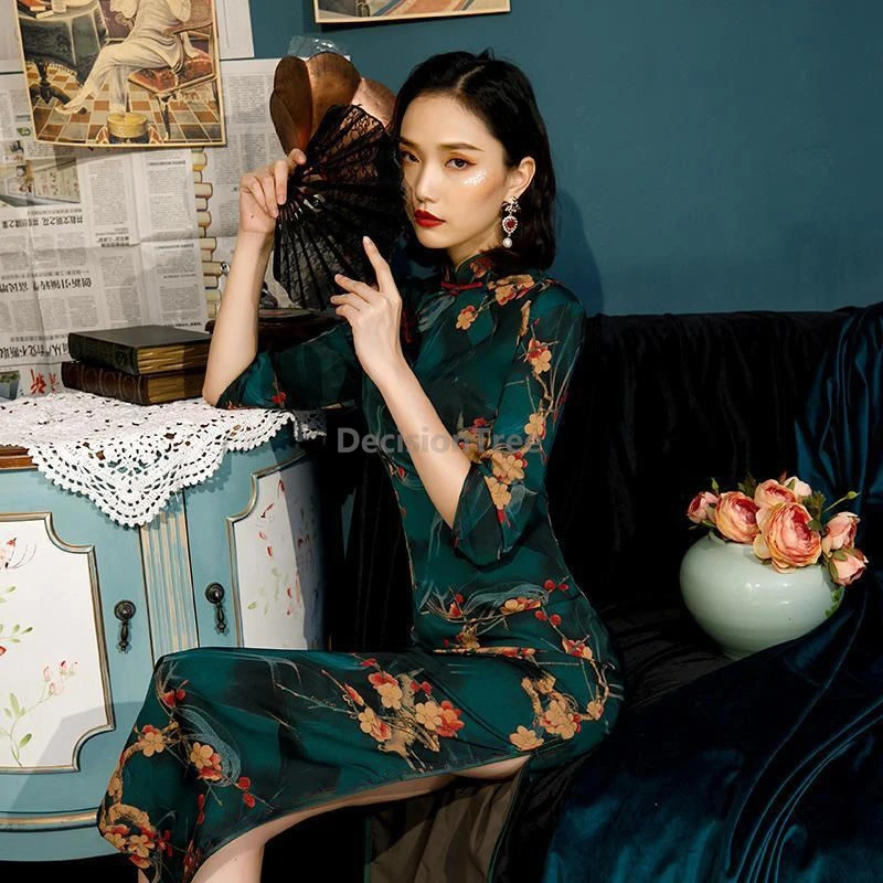 

2025 retro high end temperament chinese old shanghai qipao vintage trendy improved cheongsam literature art printed qipao dress