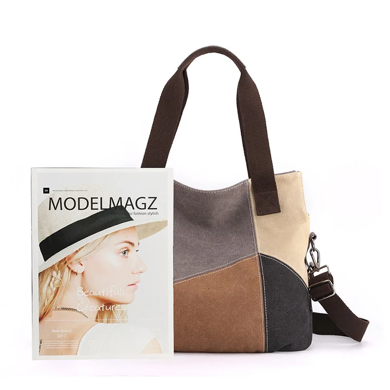 Horizontal Style Polyester Simple And Fashionable Women's Bag Contrast Canvas Large Capacity Splicing Cloth New One Shoulder