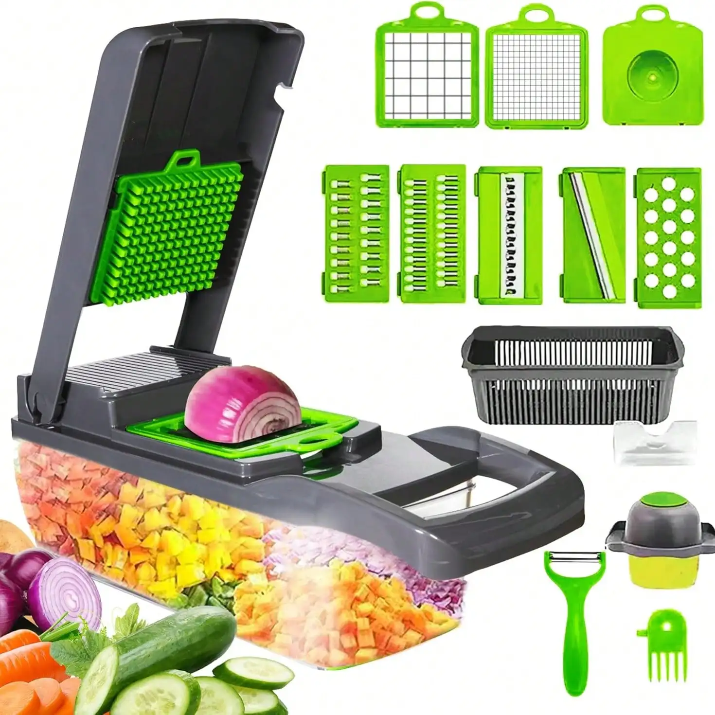 Multifunctional 15-In-1 Food Vegetable Chopper, Cutter Slicer Salad Onion Chopper Cutter Dicer With Container, 8 Interchangable Blades, Hand Protector, Drain Strainer, Peeler, Multifunctional Pro Food For Potato, Mandoline Slicer Kitchen