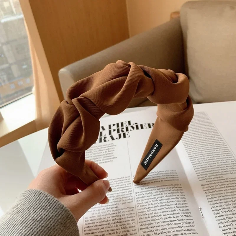 Korean Solid Color Cotton Crumpled Hairband Fashion Bow Wide Hair Hoop Ladies Temperament Wash Face Headbands Trend Headwear