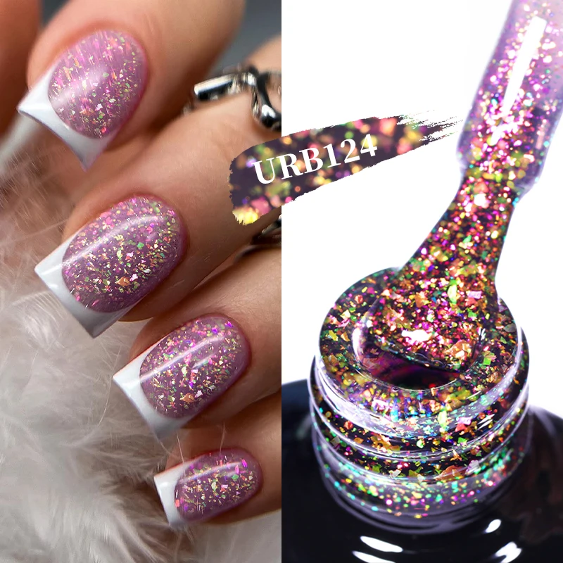 UR SUGAR 7 ml Auroras Glitter-Gummi-Basisgel, funkelnde lila Pailletten, Chrom, semi-permanent, Soak Off Nail Art UV-LED-Lack