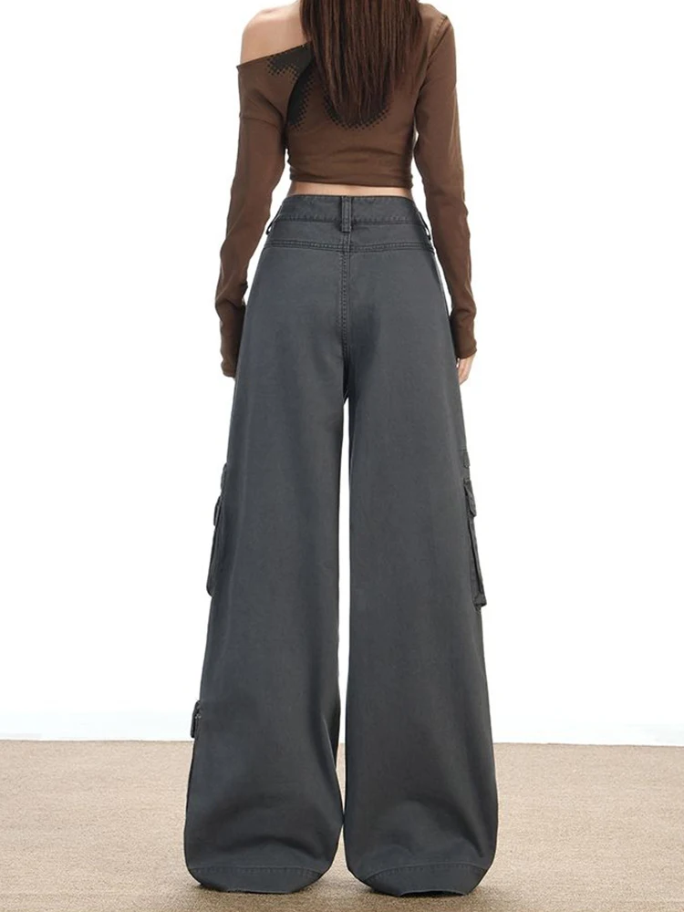 Vintage Gray Cargo Jeans Women Streetwear Hottie Pockets Wide Leg Denim Pants Japanese Y2K Harajuku High Waist Female Trouser
