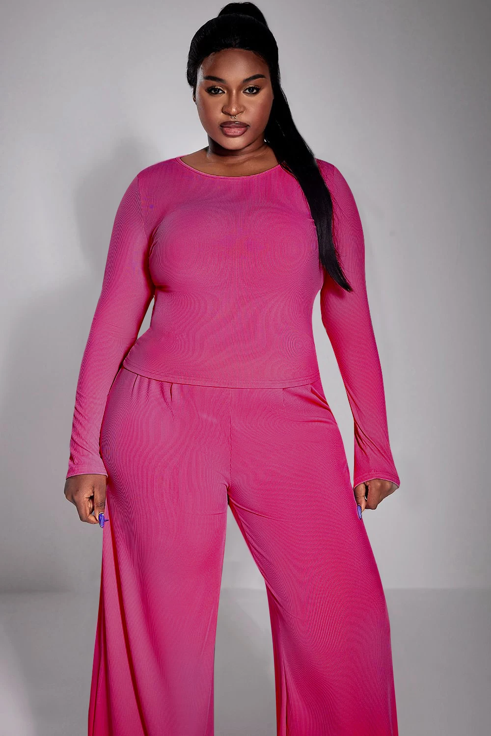 Plus Size Daily Pant Set Pink Long Sleeve Wide Leg Knitted Two Piece Pant Set