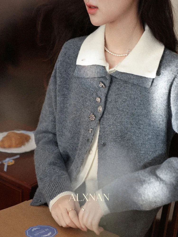 سترة شتوية نسائية من ALXNAN سترة شتوية رمادية اللون مكونة من قطعتين سترة دافئة غير رسمية فضفاضة بأزرار أنيقة وأكمام طويلة سترة نسائية متماسكة L59709 #6