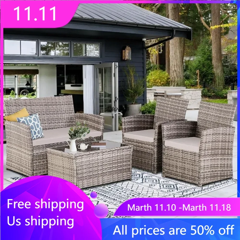 

4 Piece Patio Furniture Set, Outdoor Wicker Conversation Sets,Rattan Sectional Sofa w/Coffee Table, for Backyard Garden Poolside