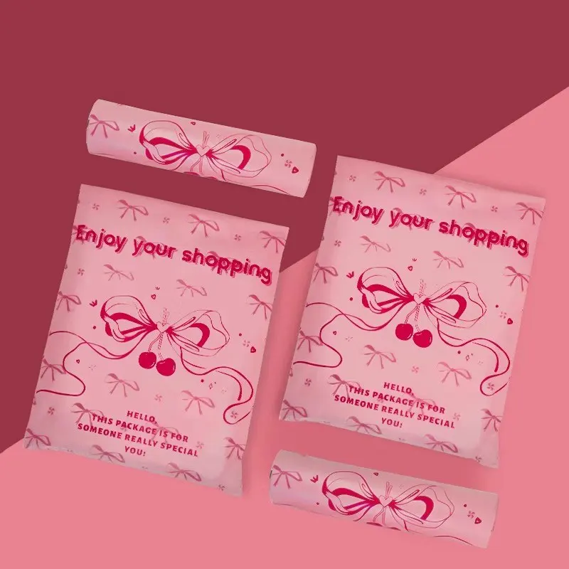 50Pcs Cartoon Printing Pink Express Pouch Cute Bow Thickened Clothing Packaging Bag Logistics Waterproof Foldable Shopping Bag