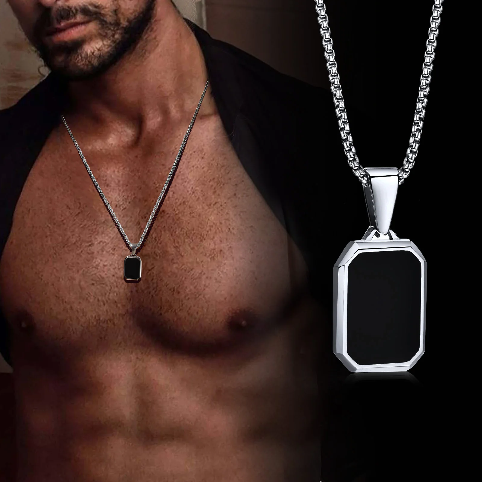 Vnox Small Dogtags Pendant Necklaces for Men, Black Silver Color Stainless Steel Military Dog Tag with Box Chain Gift to Him