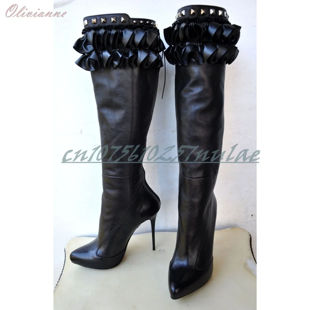 Botas de media pantorrilla con remaches de encaje y flores de seda, zapatos sexis de tacón alto de aguja mate negro puntiagudo Para Mujer, novedad de 2025, fiesta