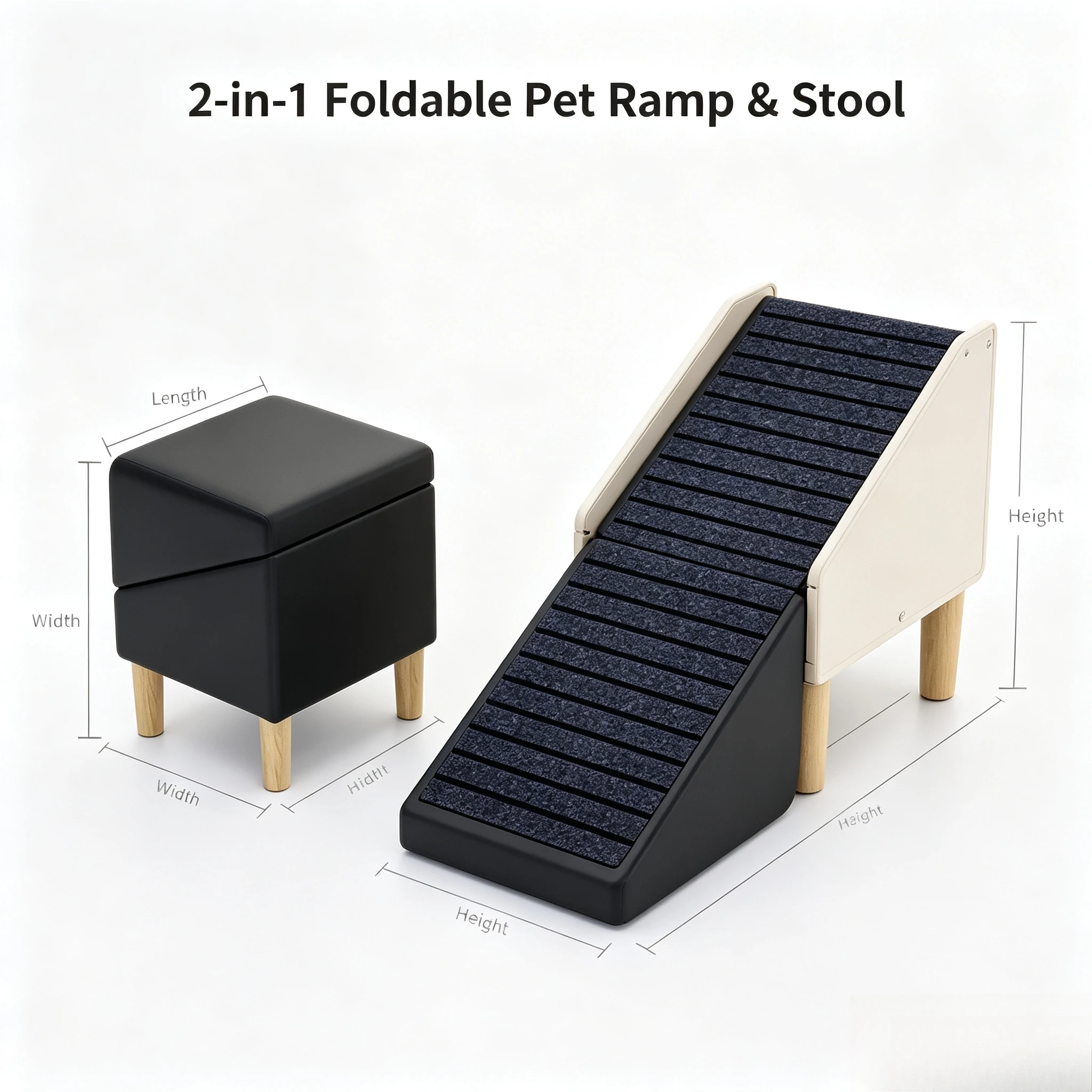 2-in-1 Detachable Foldable Wooden Pet Stairs Ottoman Dog Ramp Steps For Bed Sofa Small Medium Dogs & Pets