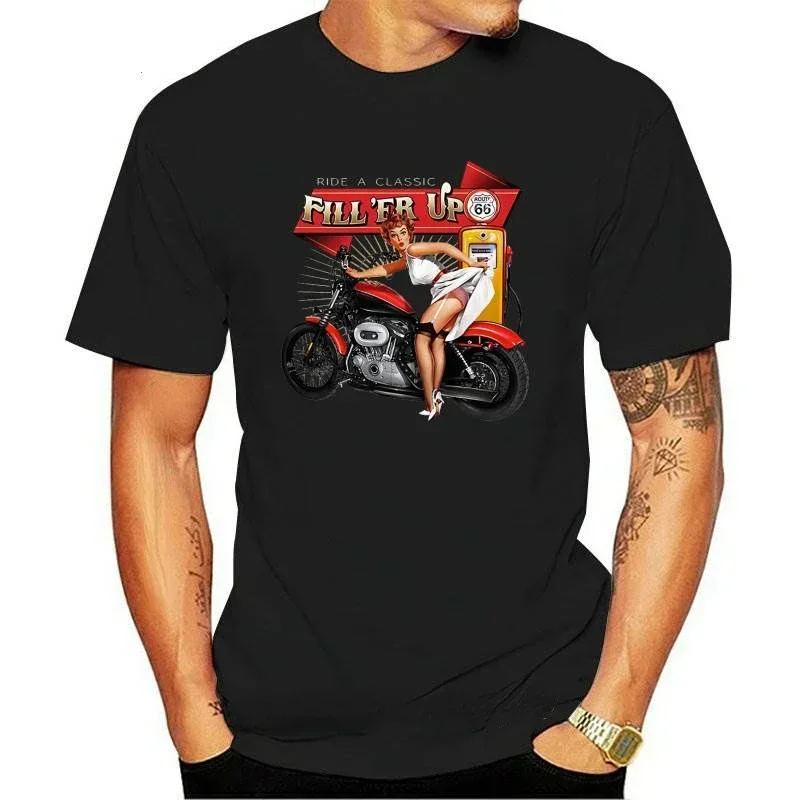 Filler Up Pinup Sexy Girl Motorcycles Vintage Graphic T-shirts Summer Women Men Fashion Hip-hop Casual Tshirt Camisetas Tops Tee