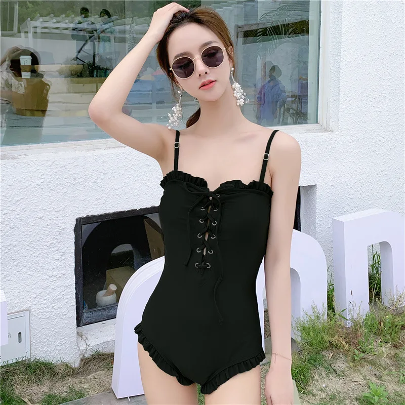 Sexy One Piece Swimsuit Women Lace Up Front Bathing Suit Swimwear Monokini Bandeau Bathing Suit Korean Padded Beach Wear Green image 2