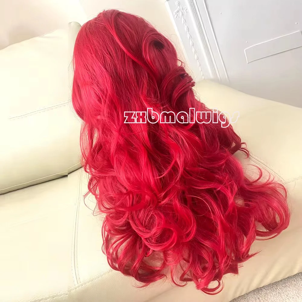 QW Synthetic Hair Lace Front Wig For Women Bright Red Body Wave Preplucked Glueless  Heat Temperature Daily Cosplay