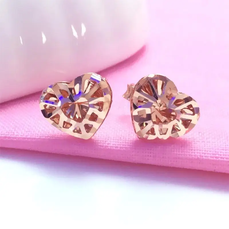 585 purple gold fashion hollow heart ear studs14k rose gold three-dimensional design romantic charm dating wedding jewelry