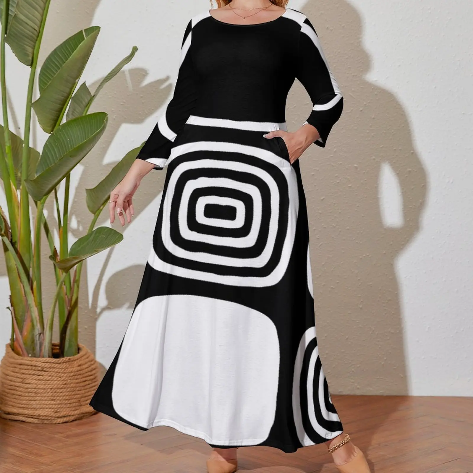 Retro Mid Century Modern Geometric Abstract Black and White Long Sleeved Dress summer dresses women 2024