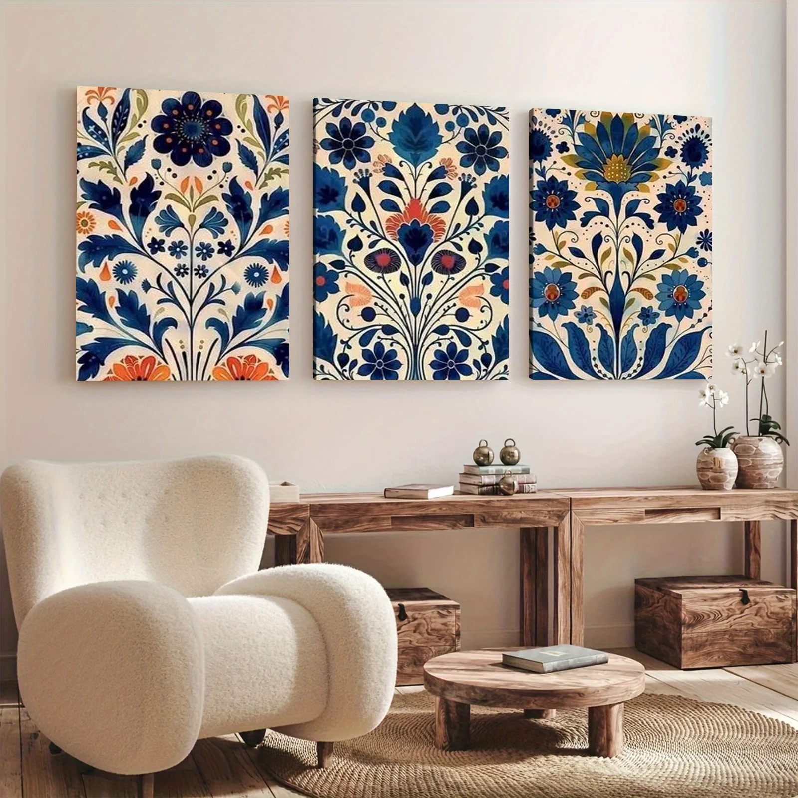 3pcs frameless Canvas Painting Retro Scandinavian Art Floral Canvas Print Nordic Norwegian Folk Wall Art Posters for Modern Livi
