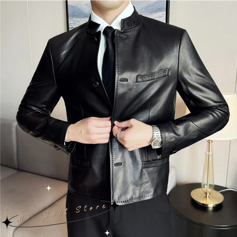 

New Men Leather Clothes Suits Slim Fit Casual Lapel Formal Wear Jackets Stand Collar Youth Handsome Leather Soft leather Jacket