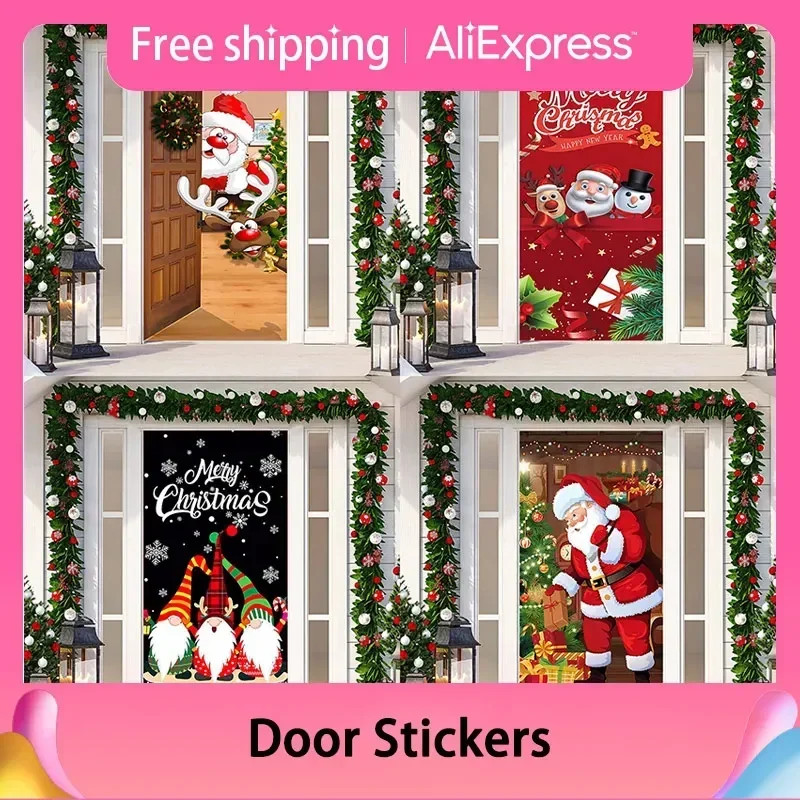 90x200cm Christmas Banner Curtain Santa Claus Snowman Xmas Tree Tapestry Merry Cristmas Door Decor for Home New Year Decoration