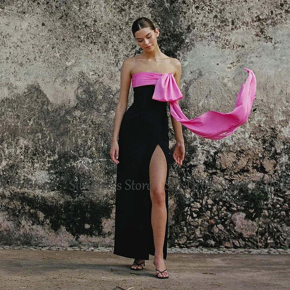 Vestidos de cóctel con clase para mujer, vestido de cumpleaños con vaina/columna de Jersey 2025, vestidos de fiesta con abertura lateral drapeados sin tirantes en negro y rosa