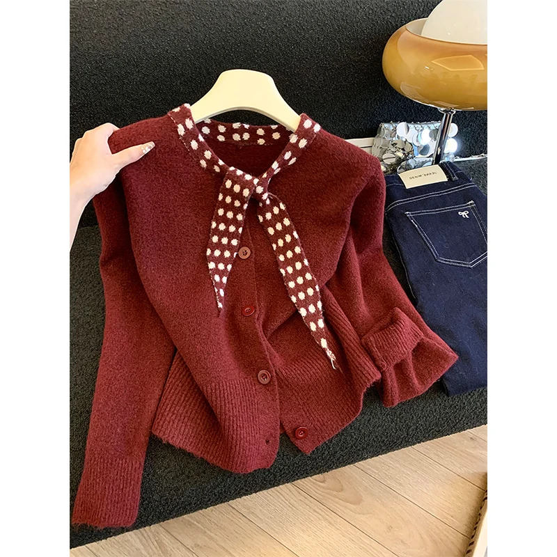 

MEXZT Red Knitted Cardigan Women Vintage Polka Dots Sweater Outerwears Korean Patchwork Knitwears Winter Casual Design Jumpers