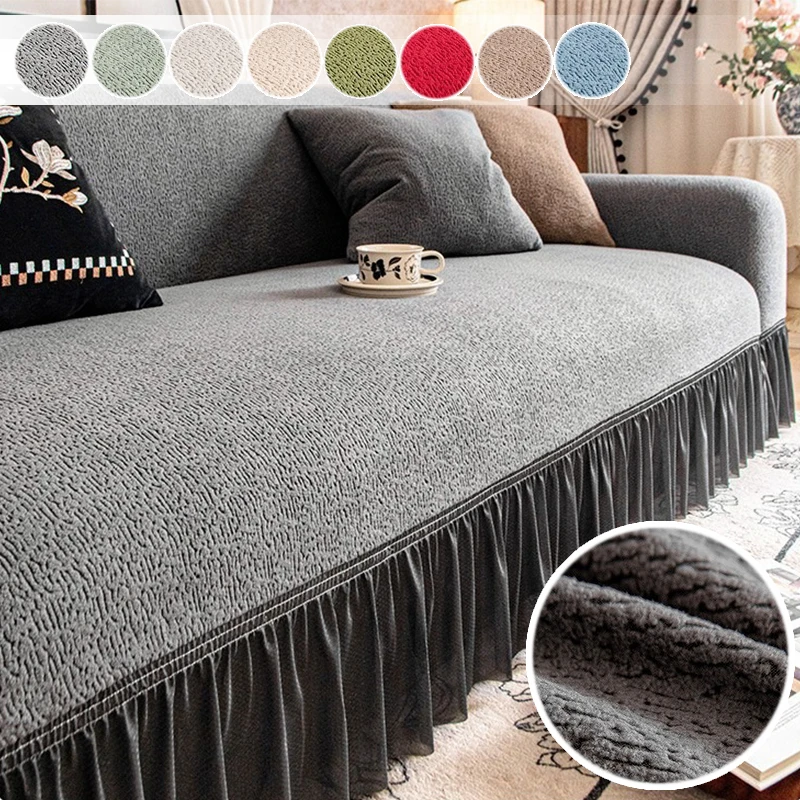 

Elastic Jacquard Sofa Cover Full Coverage with Ruffle Trim All Season Couch Protector Cat Scratch Resistant 1/2/3/4/5 Seater