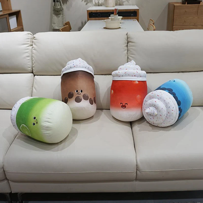 

38cm Ice Cream Bubble Tea Plush Pillow Stuffed Coffee Strawberry Blueberry Apple Juice Pearls Milk Tea Cushion Decoration Gift