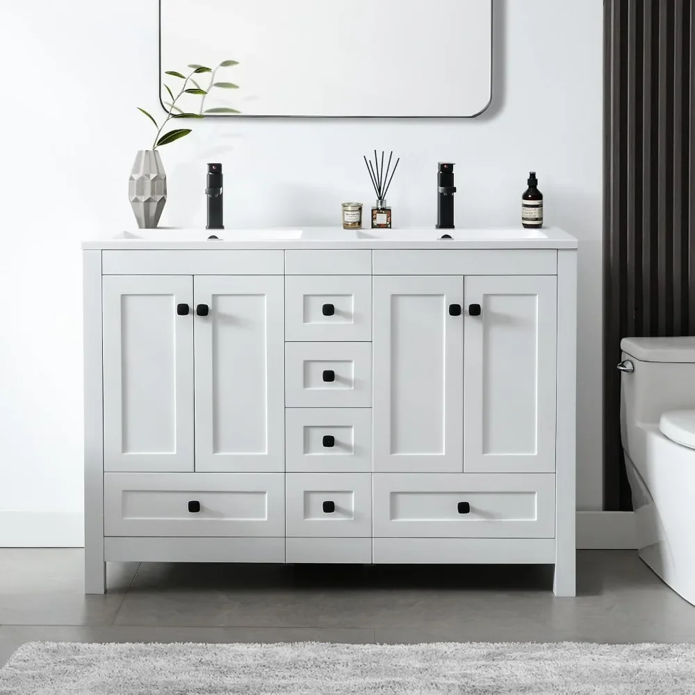 

48” Bathroom Vanity, with Sink,with 2 Resin Basin Sinks Top, Faucet and Drawers, Modern Painted Bathroom Storage Cabinet