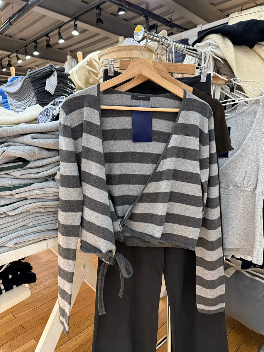 

Gray Striped Lace-up Sweater Cardigan Women Autumn V Neck Cotton Long Sleeve Sweaters Female Sweet Preppy Style New Crop Top Y2k