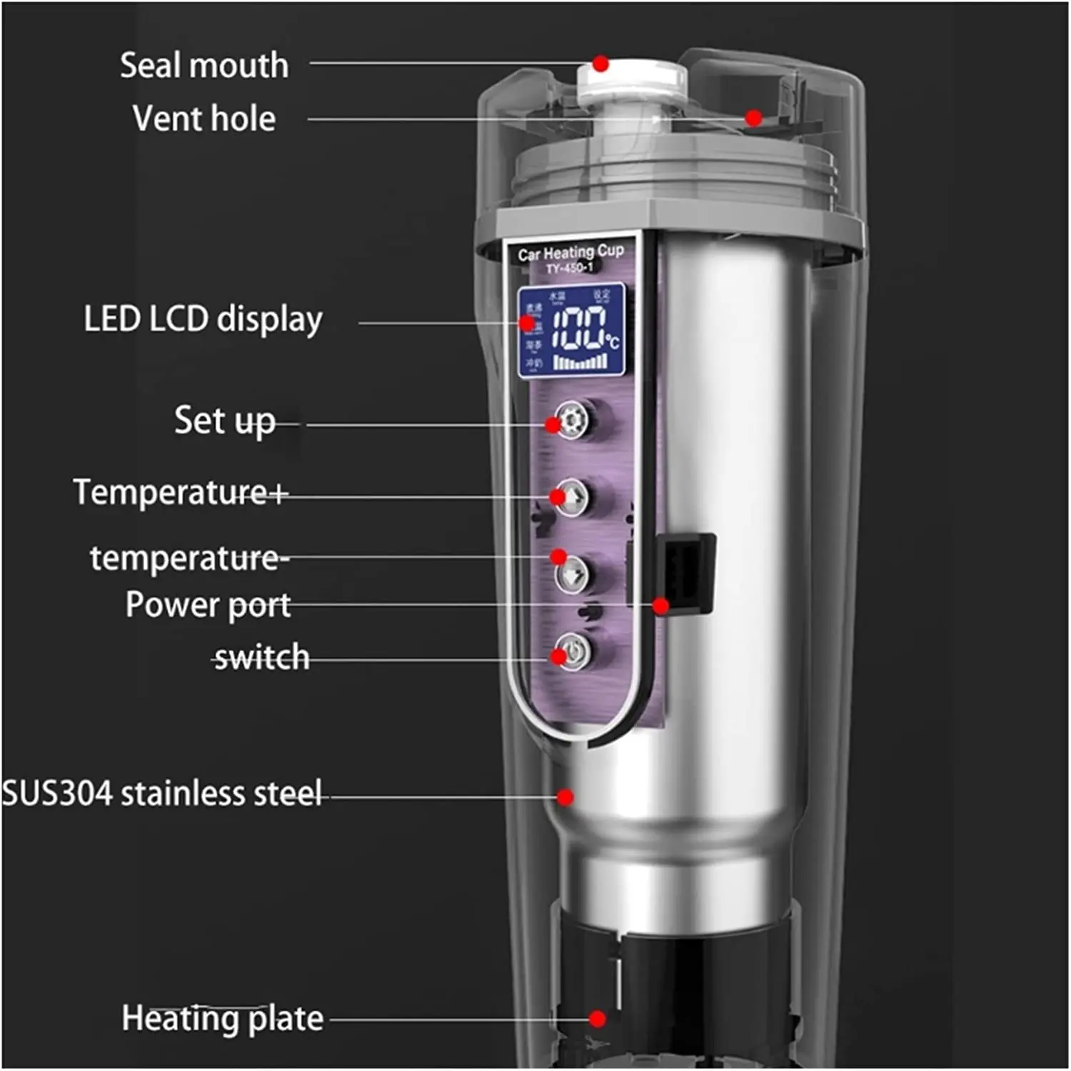 Hervidor eléctrico de acero inoxidable para coche, botella calentadora de agua con pantalla LCD, preservación del calor, 2024 ML, 12V/24V, 450