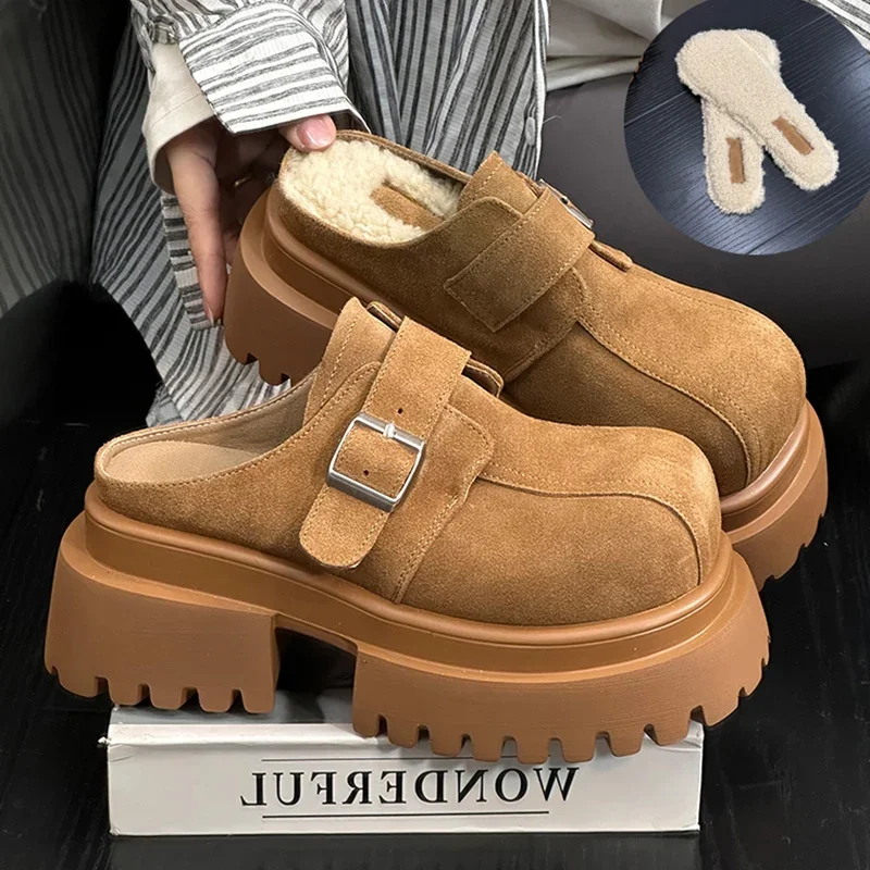 Suede Chunky Platform Women Mules Shoes Fashion High Heels Slippers 2025 Trend Winter New Brand Buckle Casual Femme Chaussures