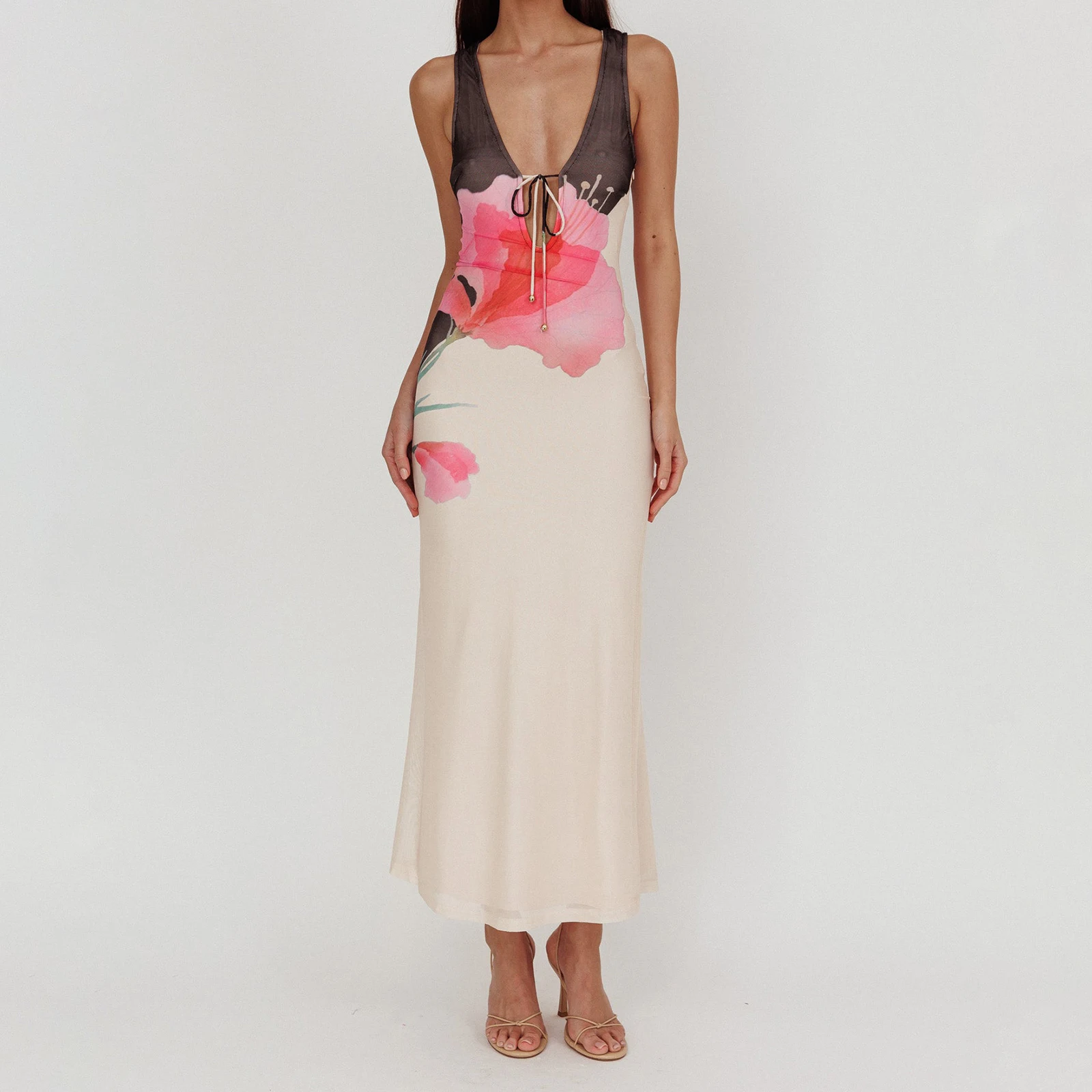 Women Summer Midi Dress Sleeveless Deep V Neck Floral Party Dress For Beach Vacation Outdoor Party Daily Wear Outdoor Streetwear