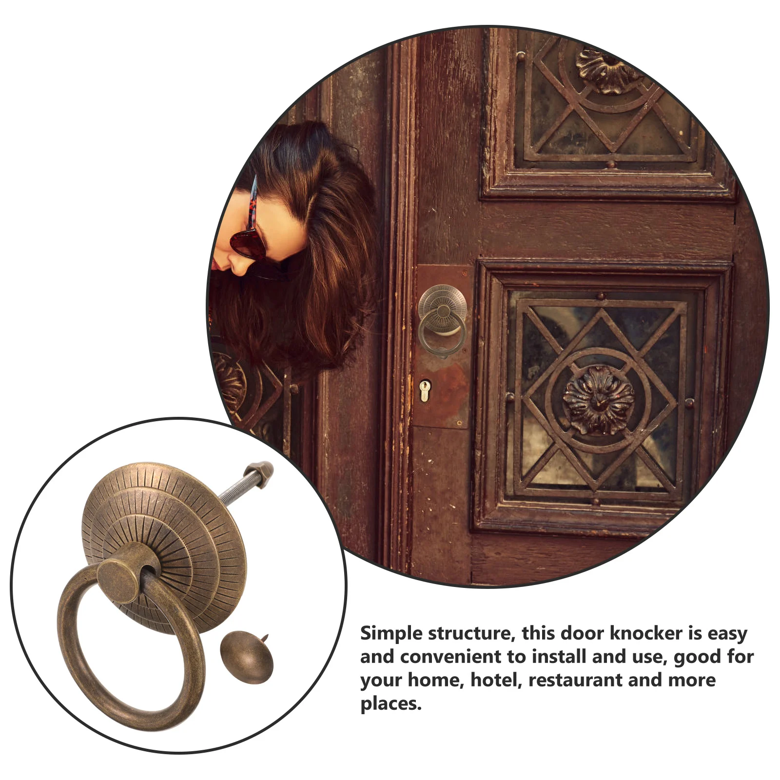 

Door Knocker for Front Door Vintage Metal Handle Retro Style Sturdy Build Brushed Nickel Finish Gate Knocker Home
